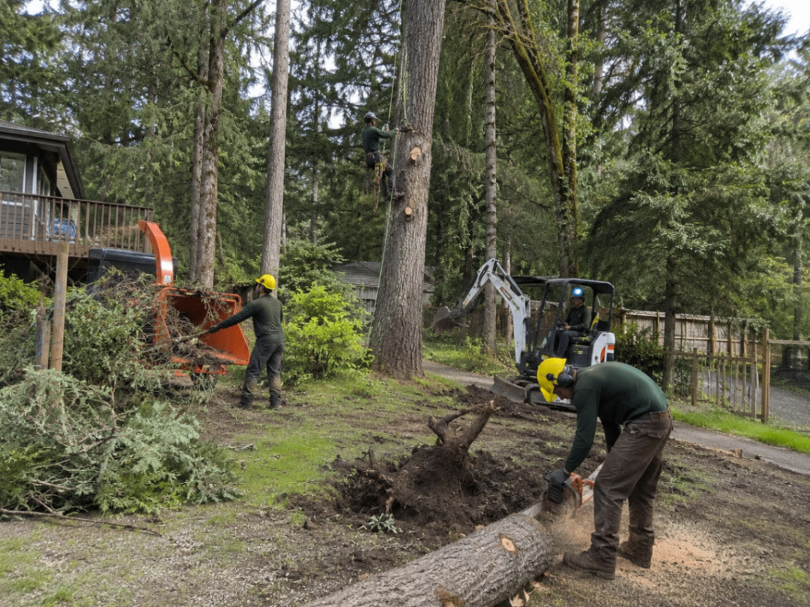 Crew performing tree service and cleanup work