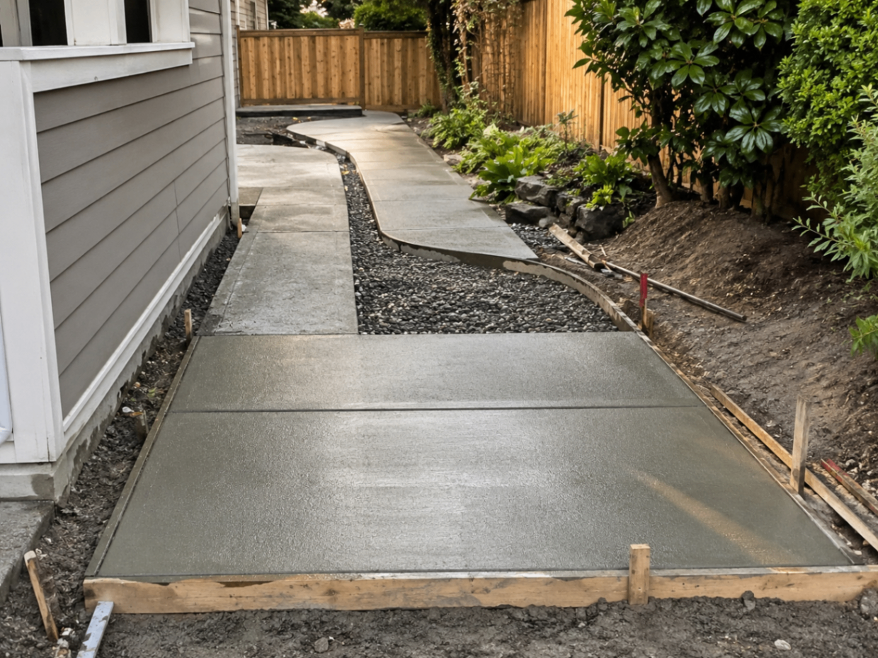 Fresh concrete walkway installation beside a home