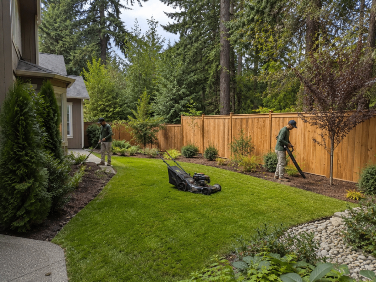 Freshly maintained backyard lawn and landscaping